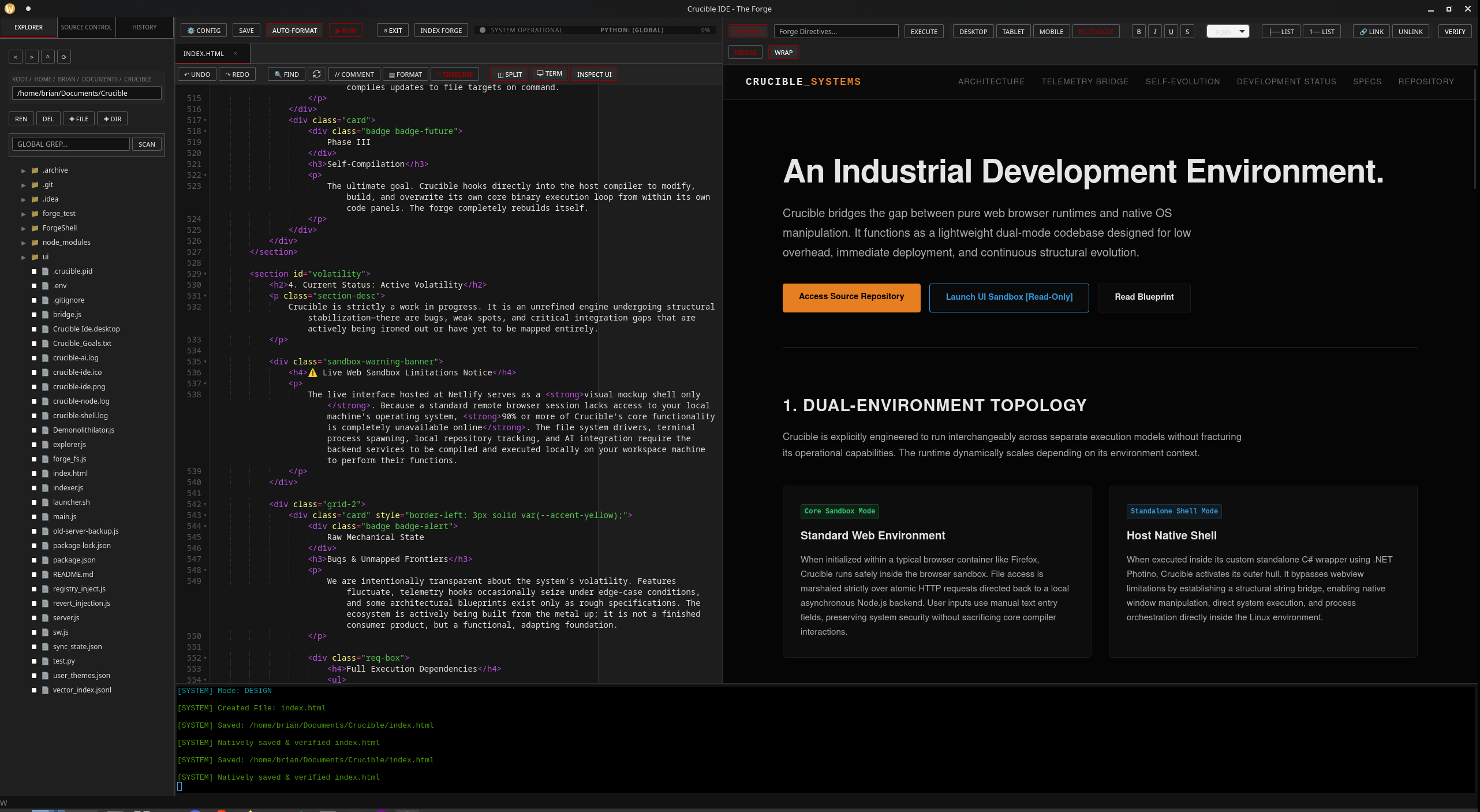 Crucible IDE Interface Workbench Preview